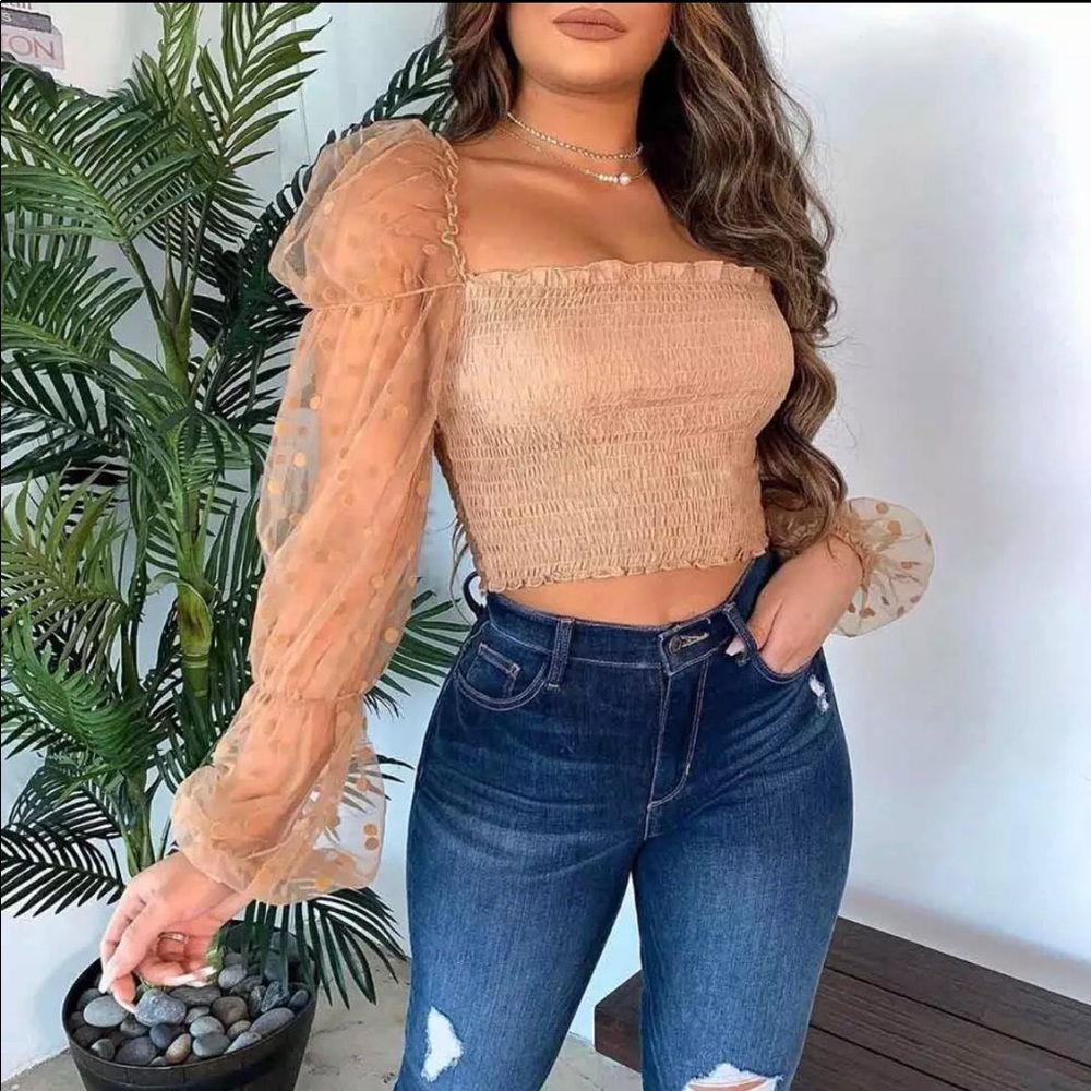 Polka Dot Puff Sleeves Square Top